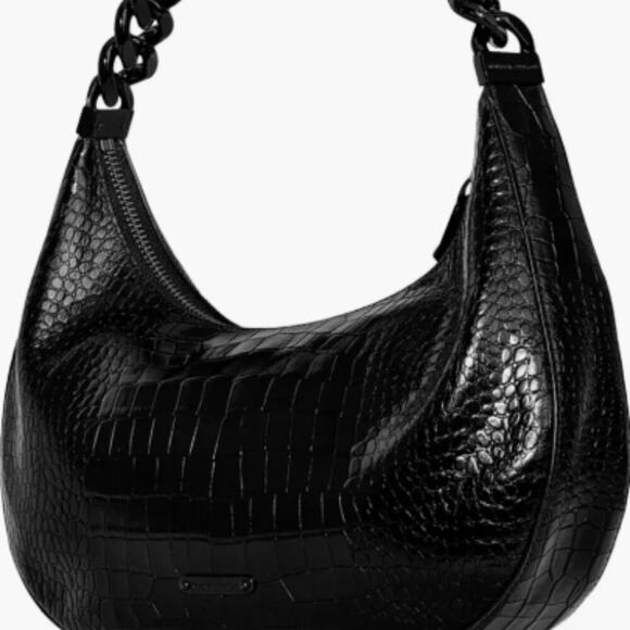 Rebecca Minkoff Julian Croissant Croc Embossed Leather Shoulder Bag – Black - Picture 3 of 4
